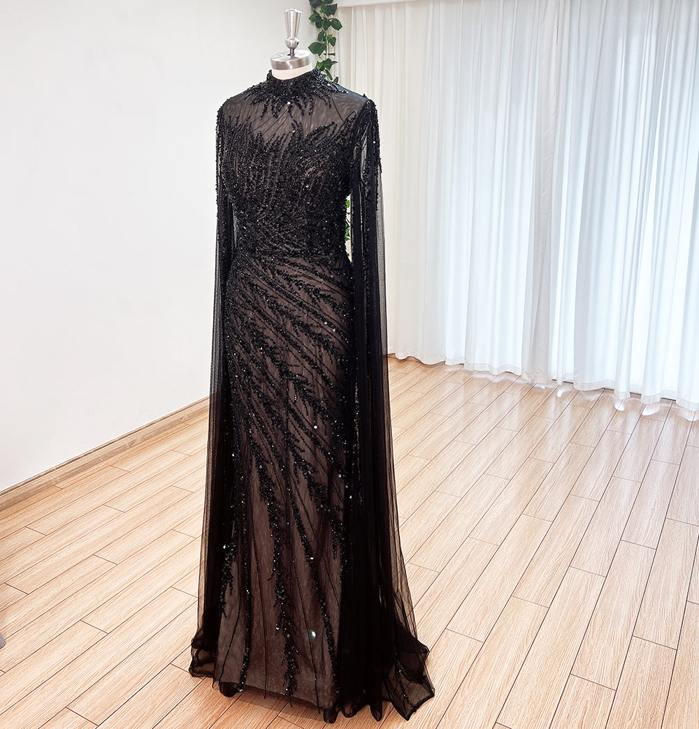 Luxury Dubai Champagne Rhinestone Mermaid Evening Dress High Neck Tulle Cape Sleeve Formal Gown For Wedding Banquet EV1166