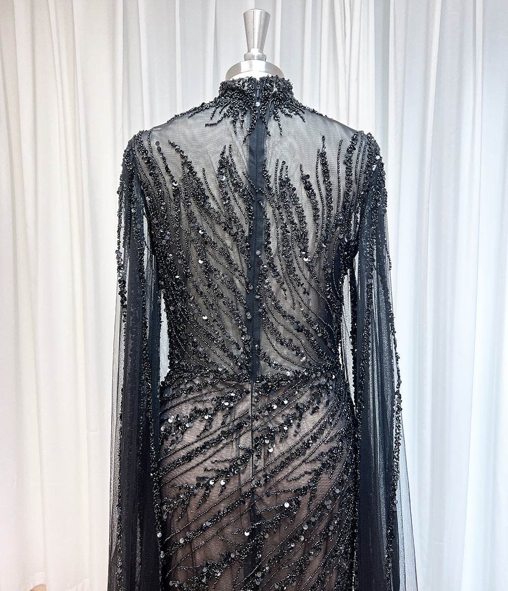 Luxury Dubai Champagne Rhinestone Mermaid Evening Dress High Neck Tulle Cape Sleeve Formal Gown For Wedding Banquet EV1166