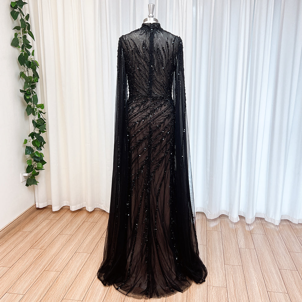 Luxury Dubai Champagne Rhinestone Mermaid Evening Dress High Neck Tulle Cape Sleeve Formal Gown For Wedding Banquet EV1166