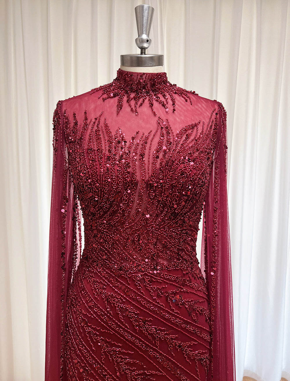Luxury Dubai Champagne Rhinestone Mermaid Evening Dress High Neck Tulle Cape Sleeve Formal Gown For Wedding Banquet EV1166