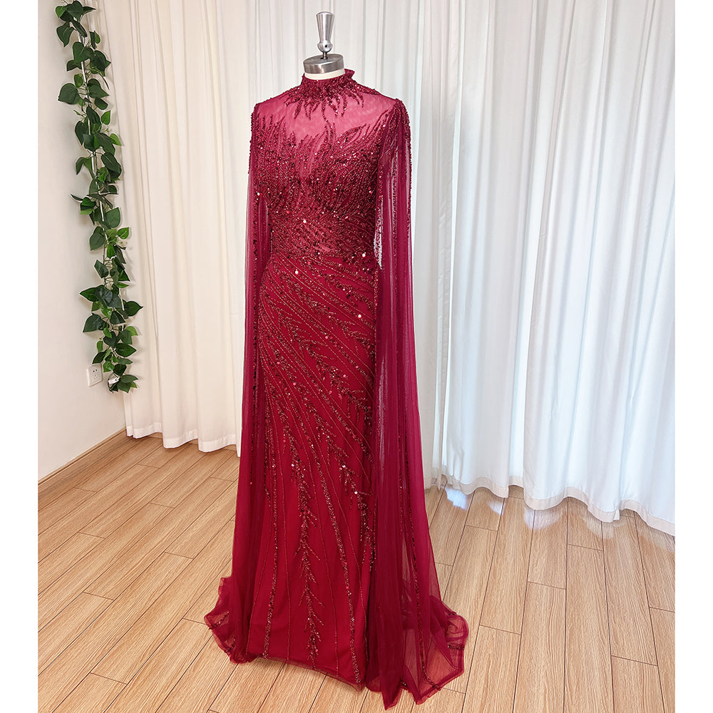 Luxury Dubai Champagne Rhinestone Mermaid Evening Dress High Neck Tulle Cape Sleeve Formal Gown For Wedding Banquet EV1166