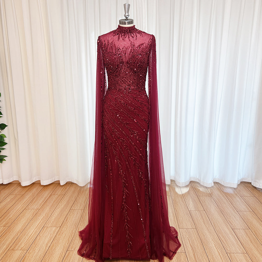 Luxury Dubai Champagne Rhinestone Mermaid Evening Dress High Neck Tulle Cape Sleeve Formal Gown For Wedding Banquet EV1166