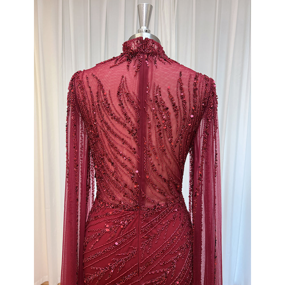 Luxury Dubai Champagne Rhinestone Mermaid Evening Dress High Neck Tulle Cape Sleeve Formal Gown For Wedding Banquet EV1166