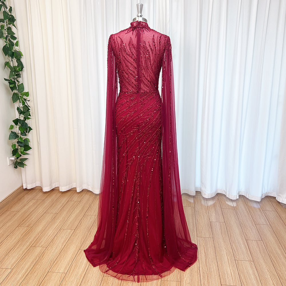 Luxury Dubai Champagne Rhinestone Mermaid Evening Dress High Neck Tulle Cape Sleeve Formal Gown For Wedding Banquet EV1166