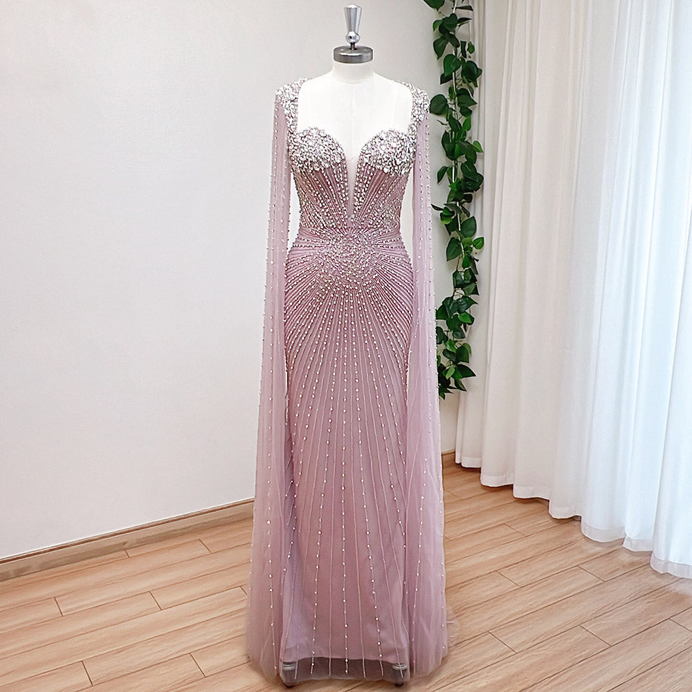 Luxury Champagne Beaded Mermaid Evening Gown With Sheer Cape Sleeves Sparkly Formal Prom Wedding Guest Dress EV1338