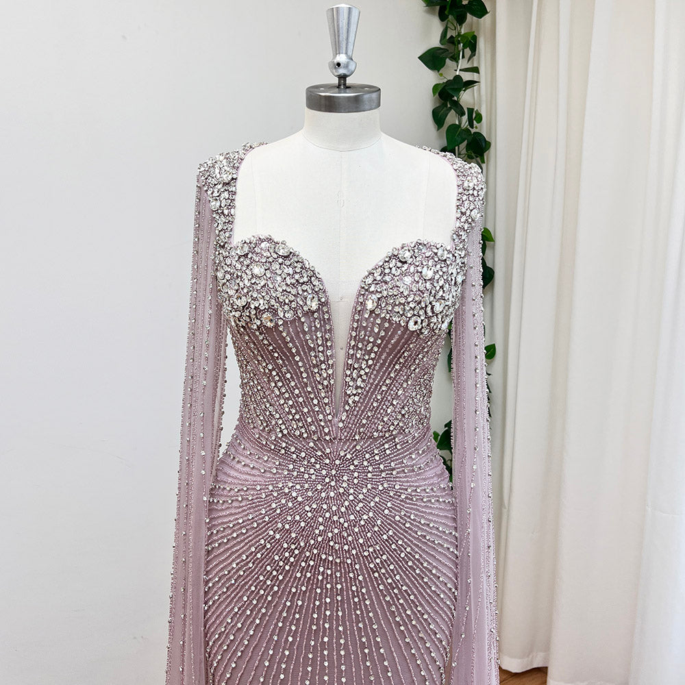 Luxury Champagne Beaded Mermaid Evening Gown With Sheer Cape Sleeves Sparkly Formal Prom Wedding Guest Dress EV1338