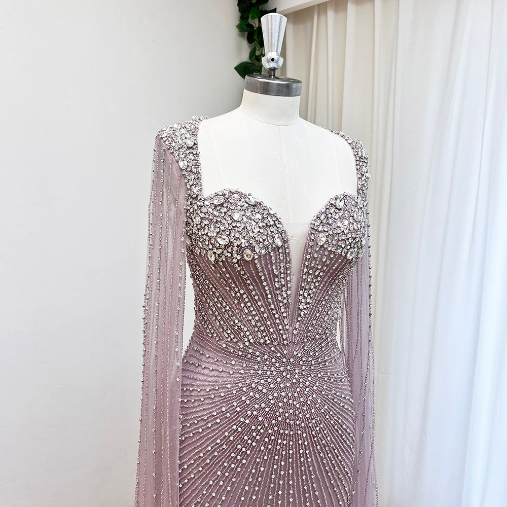 Luxury Champagne Beaded Mermaid Evening Gown With Sheer Cape Sleeves Sparkly Formal Prom Wedding Guest Dress EV1338