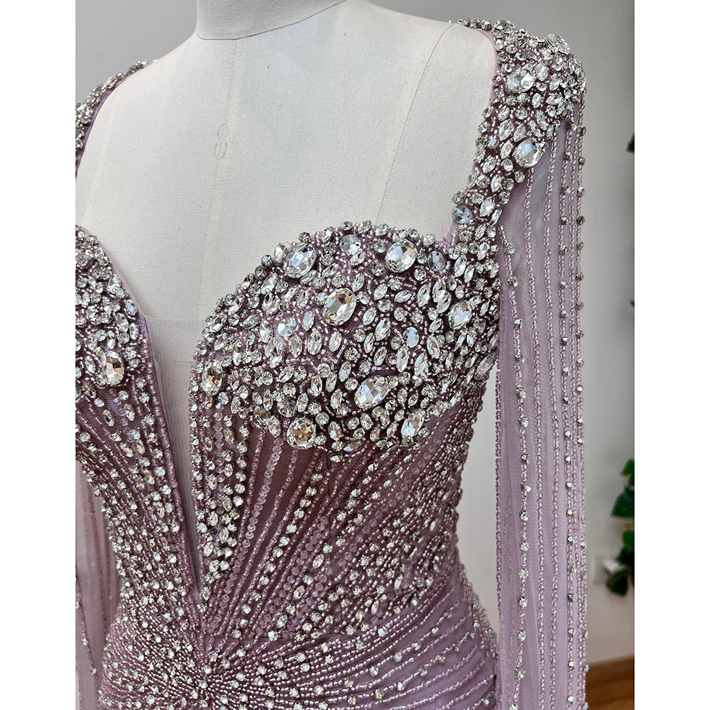 Luxury Champagne Beaded Mermaid Evening Gown With Sheer Cape Sleeves Sparkly Formal Prom Wedding Guest Dress EV1338