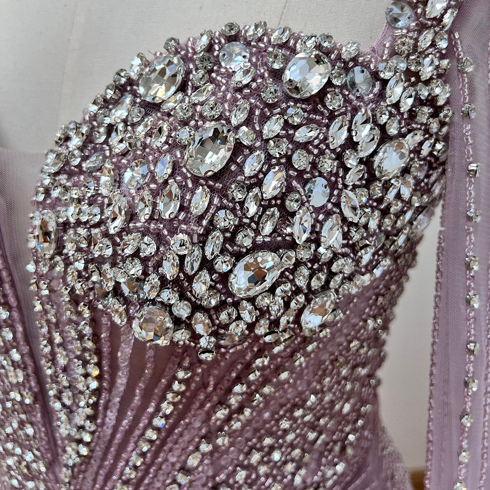 Luxury Champagne Beaded Mermaid Evening Gown With Sheer Cape Sleeves Sparkly Formal Prom Wedding Guest Dress EV1338