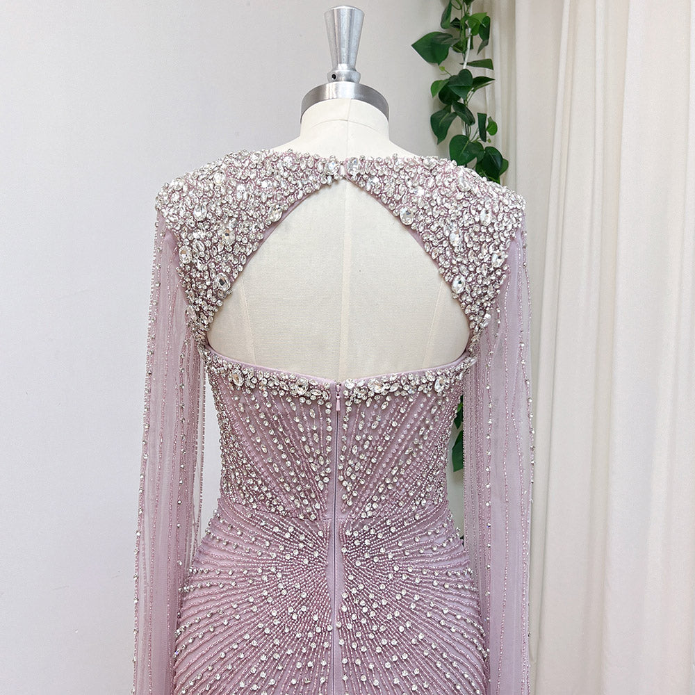 Luxury Champagne Beaded Mermaid Evening Gown With Sheer Cape Sleeves Sparkly Formal Prom Wedding Guest Dress EV1338