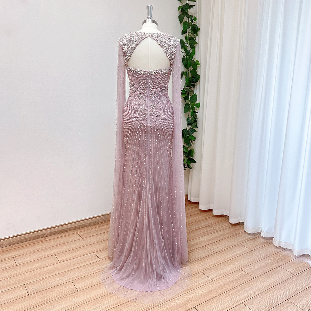 Luxury Champagne Beaded Mermaid Evening Gown With Sheer Cape Sleeves Sparkly Formal Prom Wedding Guest Dress EV1338