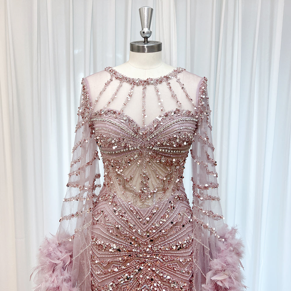 Luxury Modest Dubai Evening Gown Dusty Pink Rhinestone Beaded Mermaid Dress With Feather Long Cape EV1290