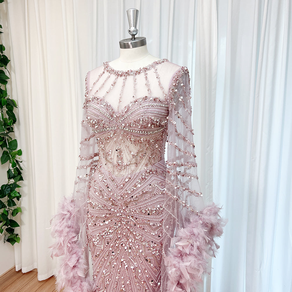 Luxury Modest Dubai Evening Gown Dusty Pink Rhinestone Beaded Mermaid Dress With Feather Long Cape EV1290