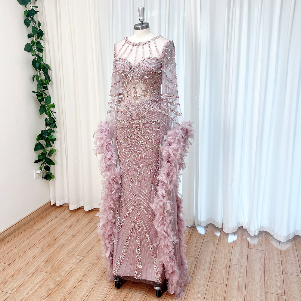 Luxury Modest Dubai Evening Gown Dusty Pink Rhinestone Beaded Mermaid Dress With Feather Long Cape EV1290