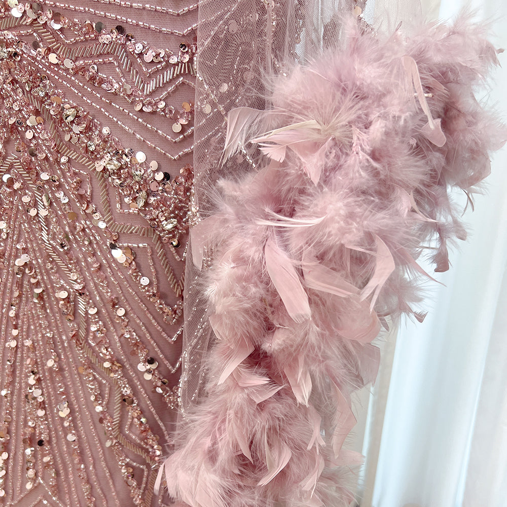 Luxury Modest Dubai Evening Gown Dusty Pink Rhinestone Beaded Mermaid Dress With Feather Long Cape EV1290
