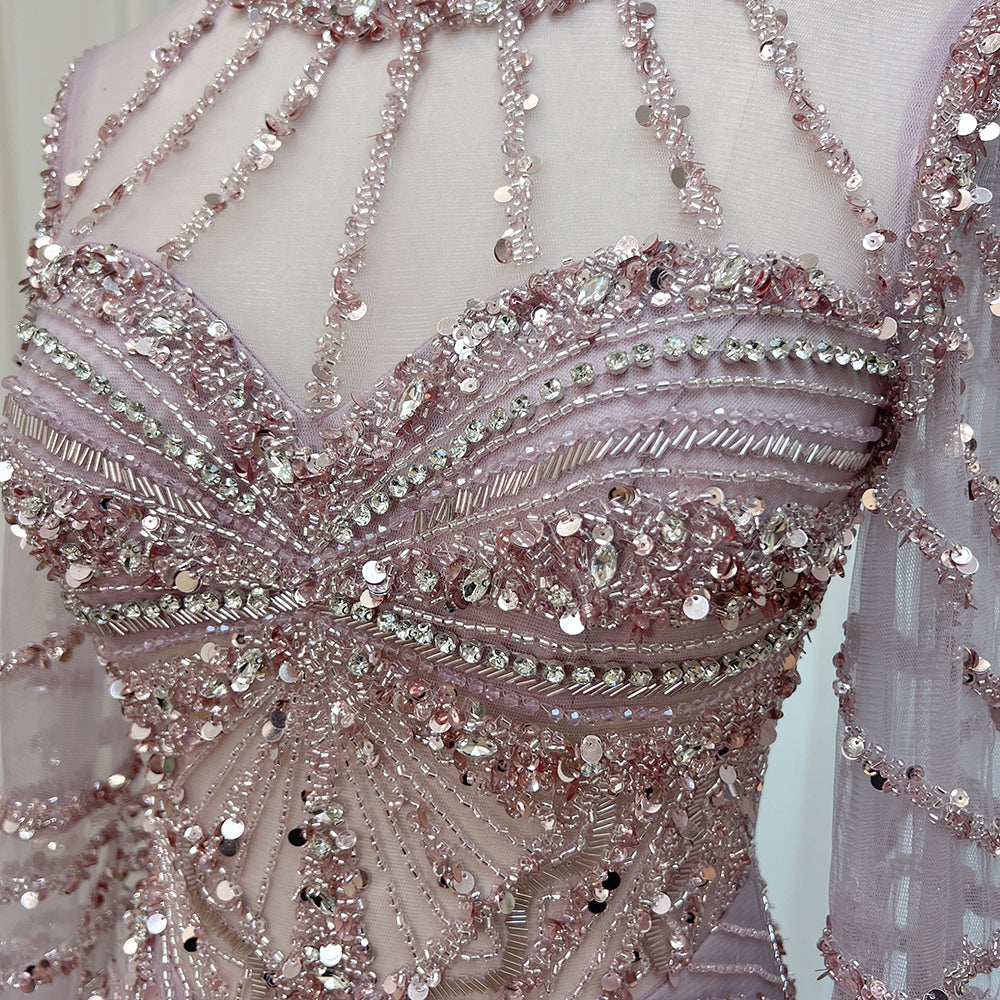 Luxury Modest Dubai Evening Gown Dusty Pink Rhinestone Beaded Mermaid Dress With Feather Long Cape EV1290