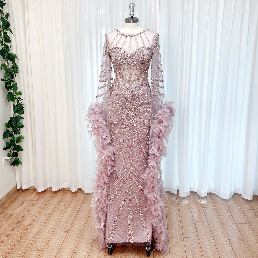 Luxury Modest Dubai Evening Gown Dusty Pink Rhinestone Beaded Mermaid Dress With Feather Long Cape EV1290