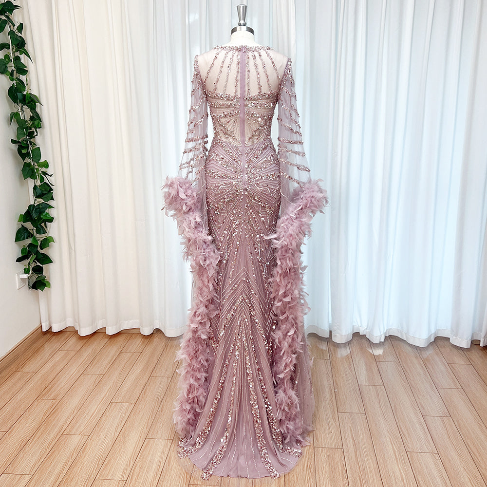 Luxury Modest Dubai Evening Gown Dusty Pink Rhinestone Beaded Mermaid Dress With Feather Long Cape EV1290