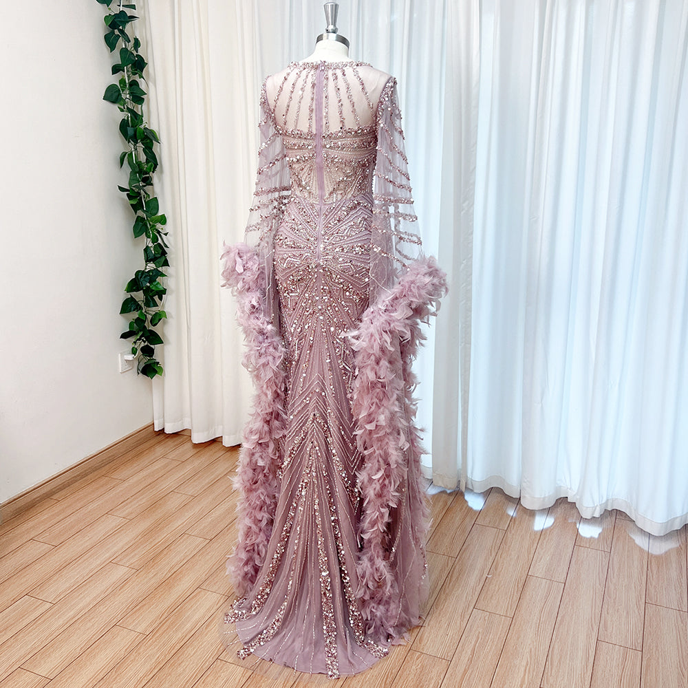 Luxury Modest Dubai Evening Gown Dusty Pink Rhinestone Beaded Mermaid Dress With Feather Long Cape EV1290