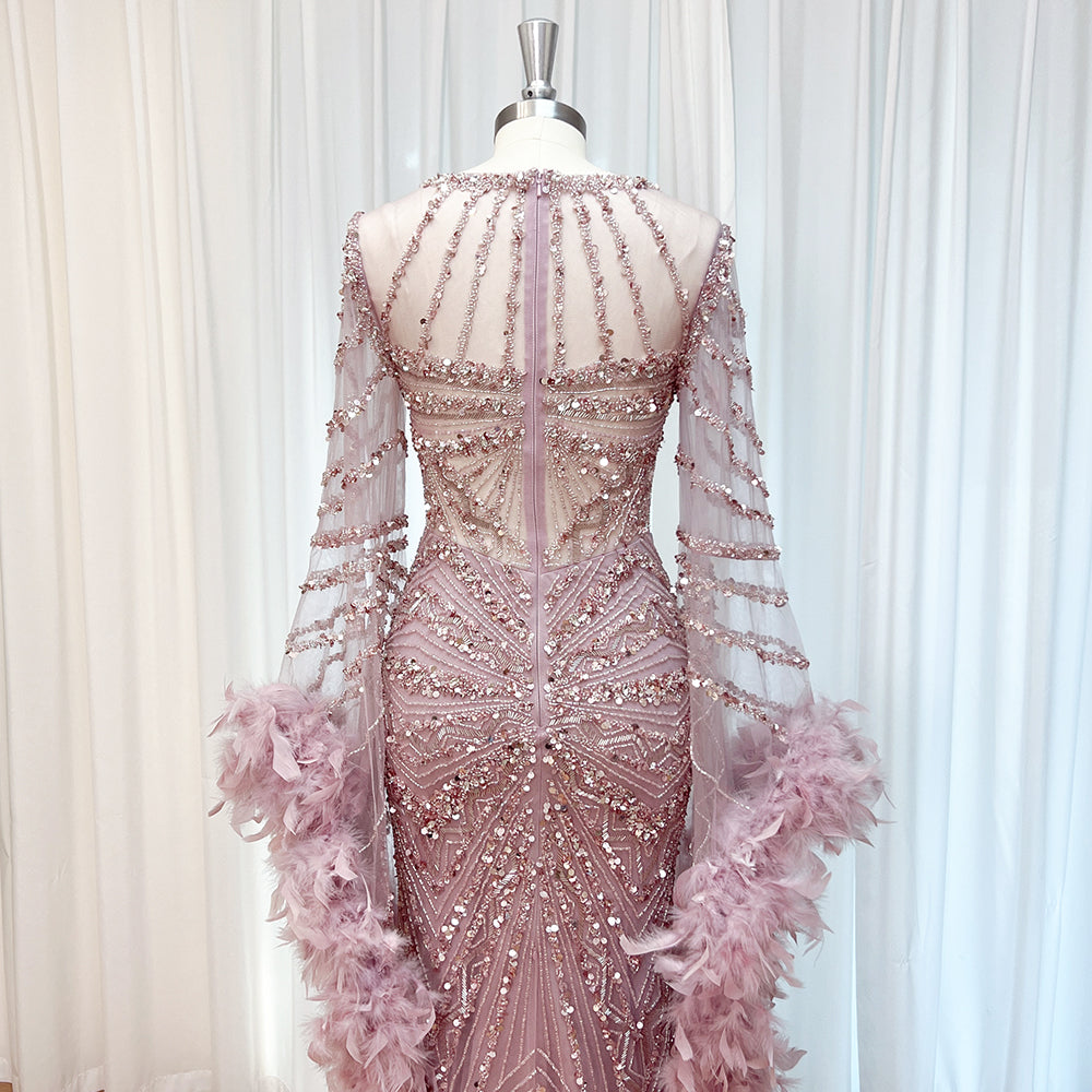 Luxury Modest Dubai Evening Gown Dusty Pink Rhinestone Beaded Mermaid Dress With Feather Long Cape EV1290