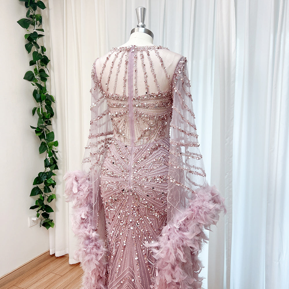 Luxury Modest Dubai Evening Gown Dusty Pink Rhinestone Beaded Mermaid Dress With Feather Long Cape EV1290