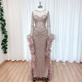 Luxury Modest Dubai Evening Gown Dusty Pink Rhinestone Beaded Mermaid Dress With Feather Long Cape EV1290