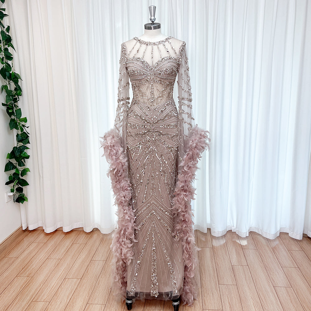 Luxury Modest Dubai Evening Gown Dusty Pink Rhinestone Beaded Mermaid Dress With Feather Long Cape EV1290