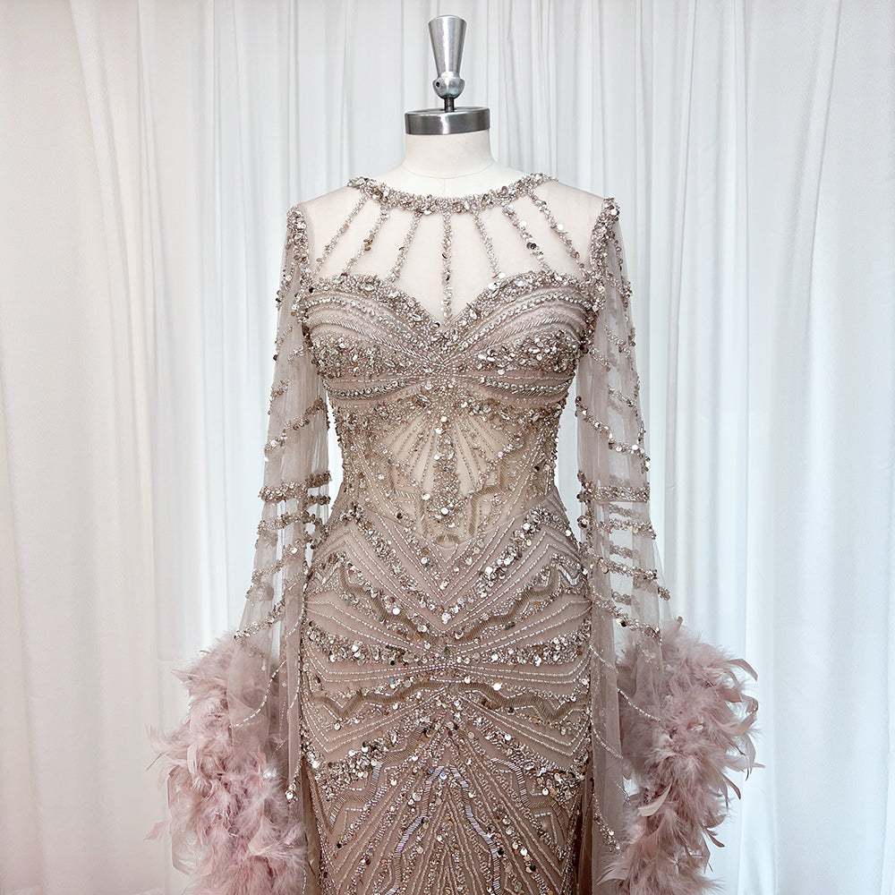 Luxury Modest Dubai Evening Gown Dusty Pink Rhinestone Beaded Mermaid Dress With Feather Long Cape EV1290