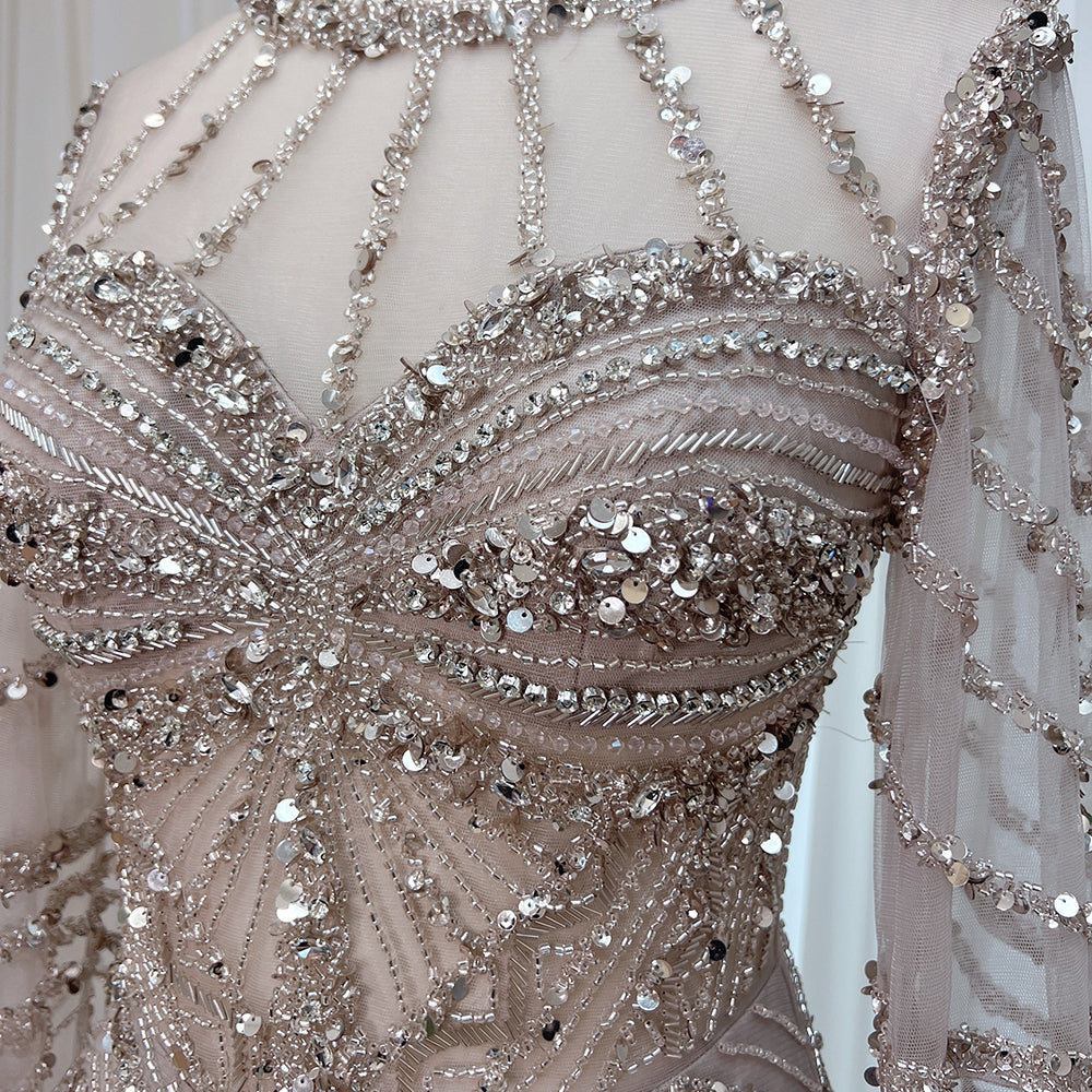 Luxury Modest Dubai Evening Gown Dusty Pink Rhinestone Beaded Mermaid Dress With Feather Long Cape EV1290