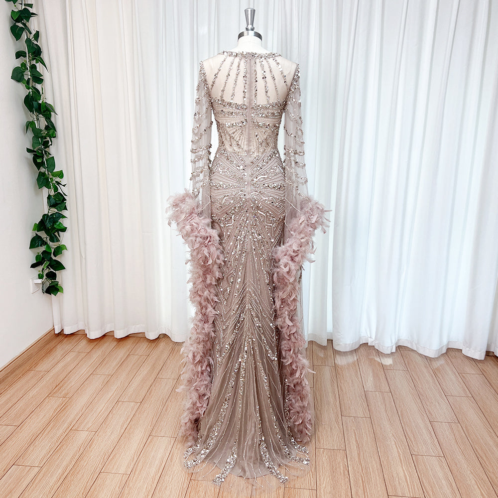 Luxury Modest Dubai Evening Gown Dusty Pink Rhinestone Beaded Mermaid Dress With Feather Long Cape EV1290