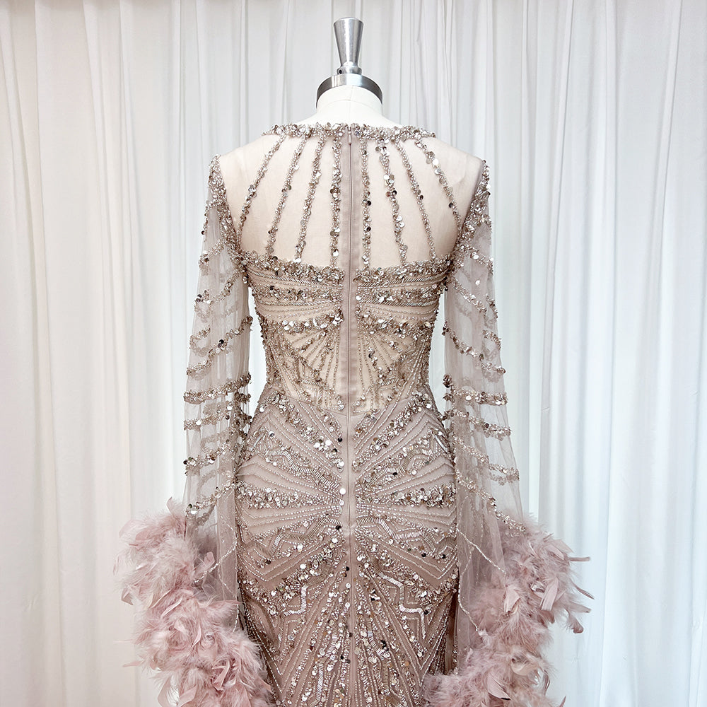 Luxury Modest Dubai Evening Gown Dusty Pink Rhinestone Beaded Mermaid Dress With Feather Long Cape EV1290