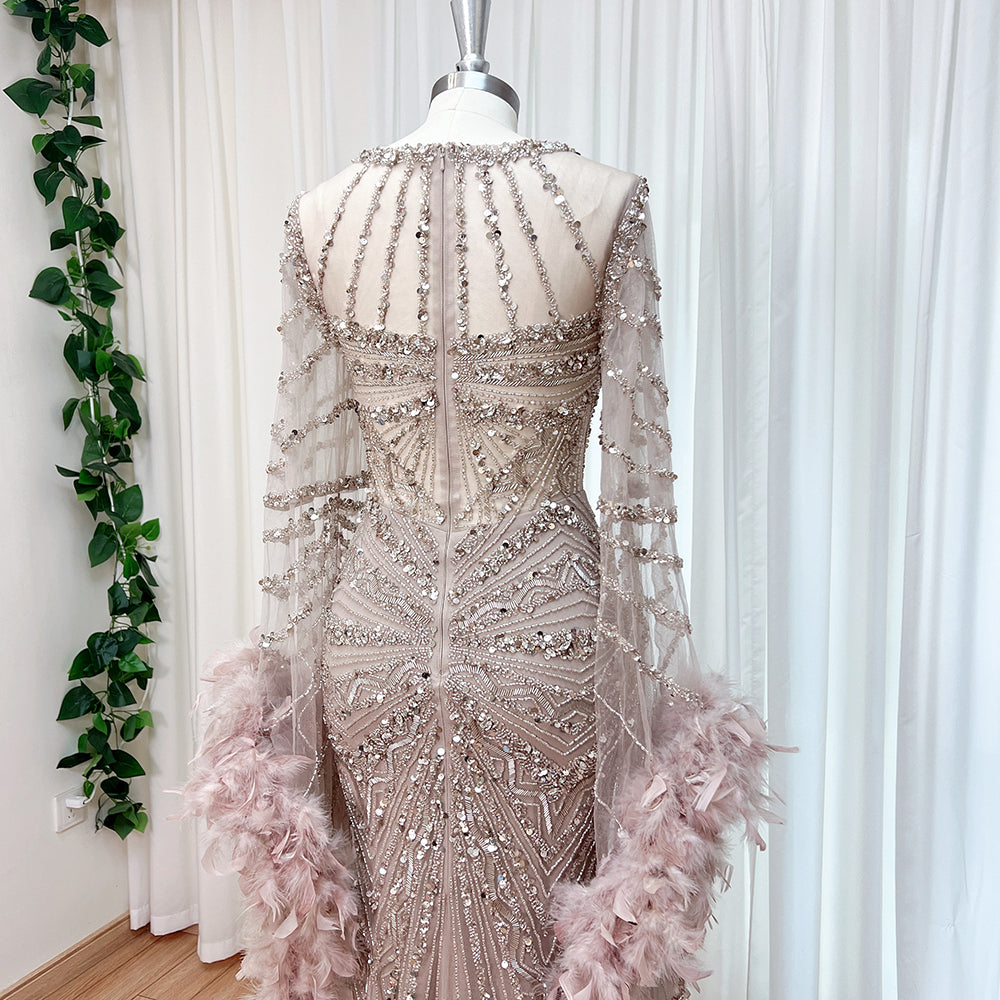 Luxury Modest Dubai Evening Gown Dusty Pink Rhinestone Beaded Mermaid Dress With Feather Long Cape EV1290