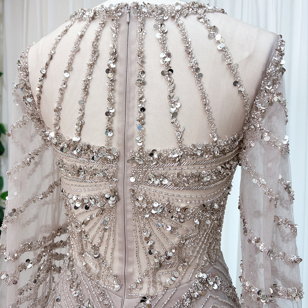 Luxury Modest Dubai Evening Gown Dusty Pink Rhinestone Beaded Mermaid Dress With Feather Long Cape EV1290