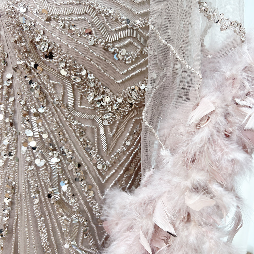 Luxury Modest Dubai Evening Gown Dusty Pink Rhinestone Beaded Mermaid Dress With Feather Long Cape EV1290