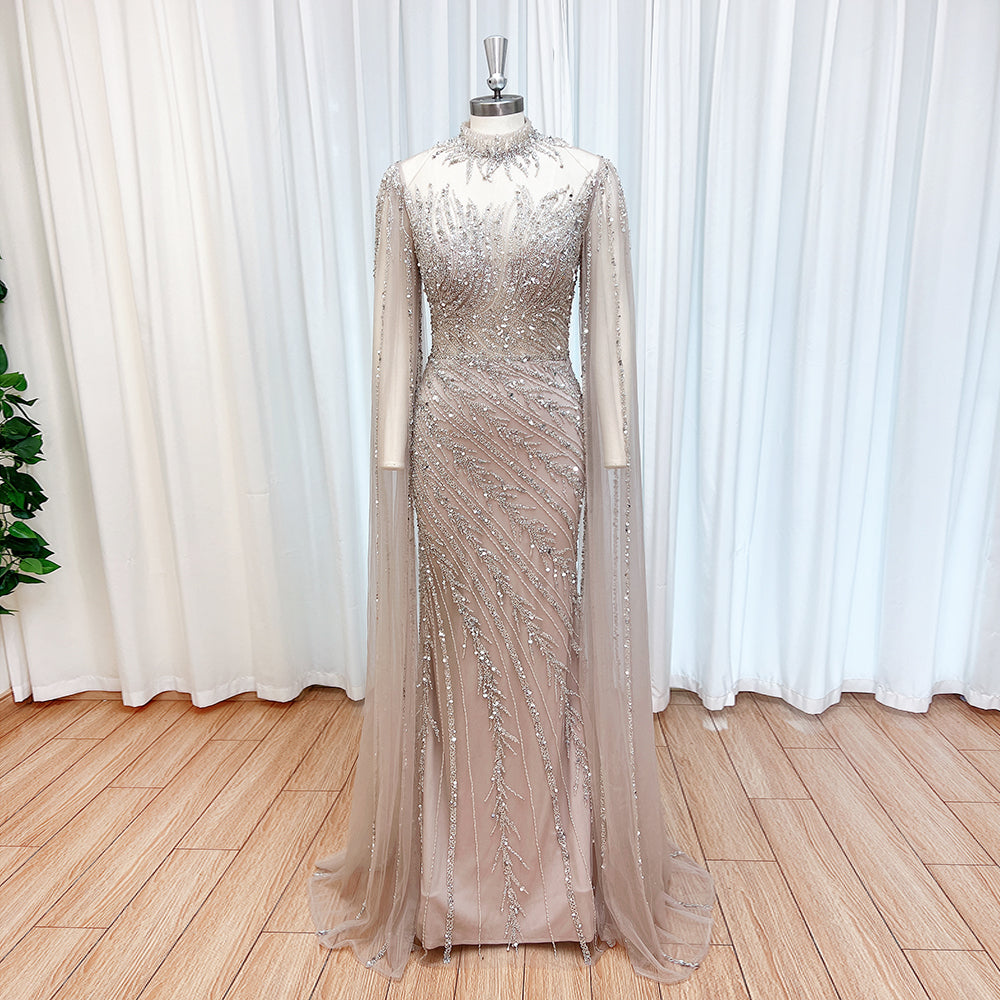 Luxury Dubai Champagne Rhinestone Mermaid Evening Dress High Neck Tulle Cape Sleeve Formal Gown For Wedding Banquet EV1166