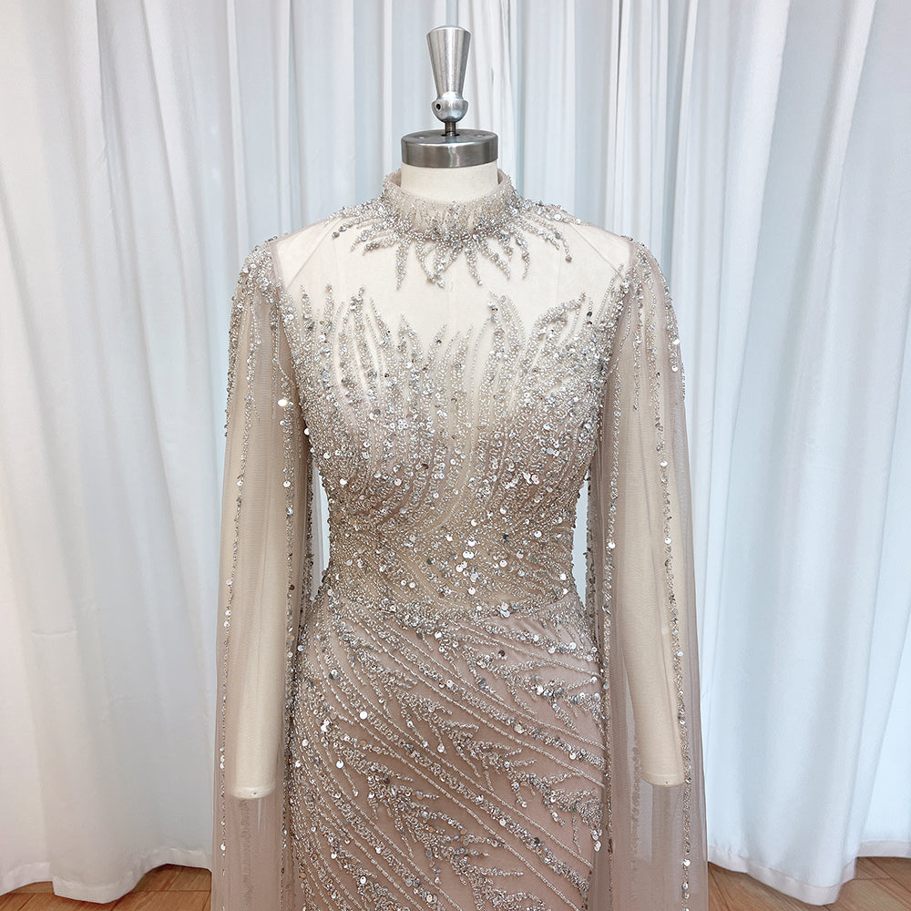 Luxury Dubai Champagne Rhinestone Mermaid Evening Dress High Neck Tulle Cape Sleeve Formal Gown For Wedding Banquet EV1166
