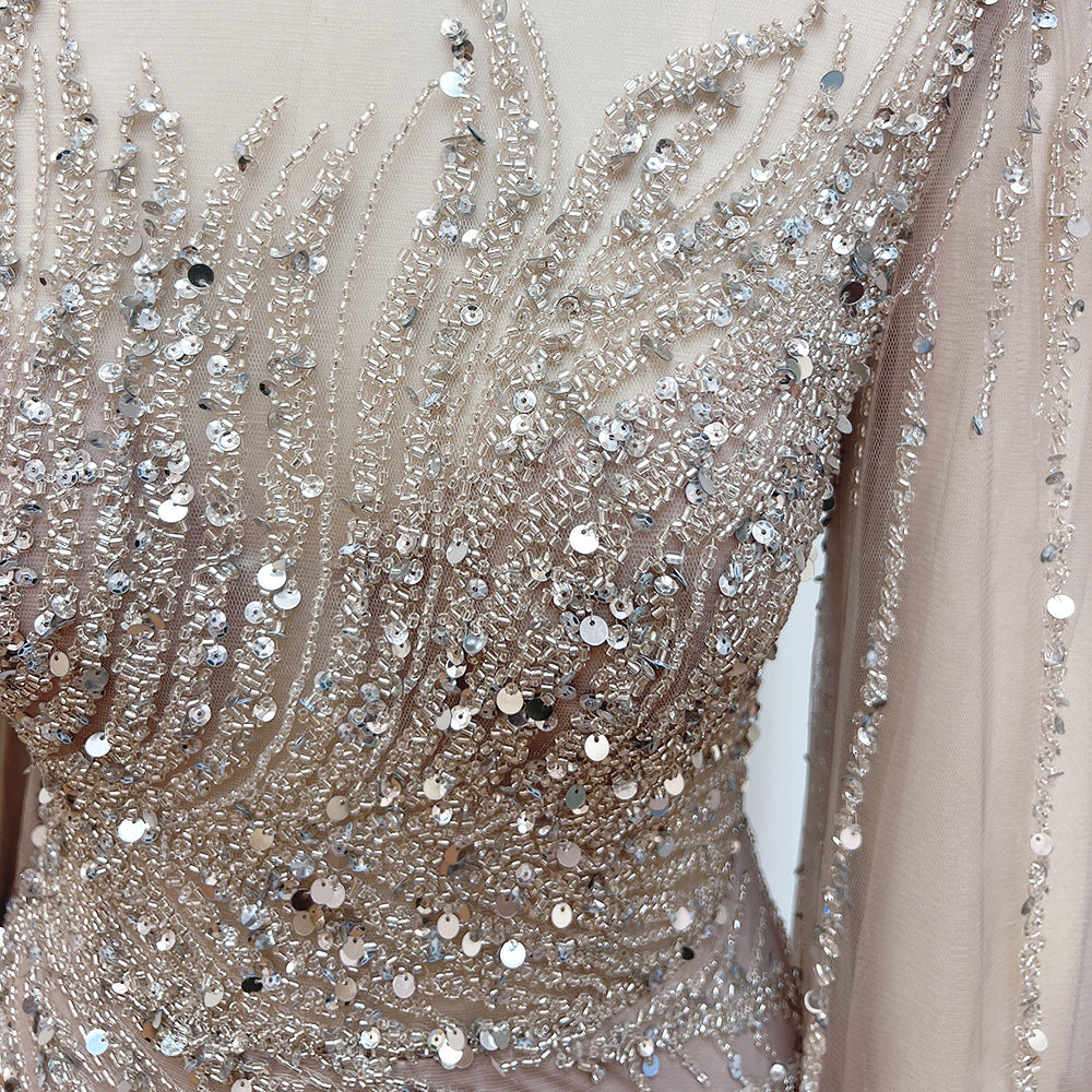 Luxury Dubai Champagne Rhinestone Mermaid Evening Dress High Neck Tulle Cape Sleeve Formal Gown For Wedding Banquet EV1166