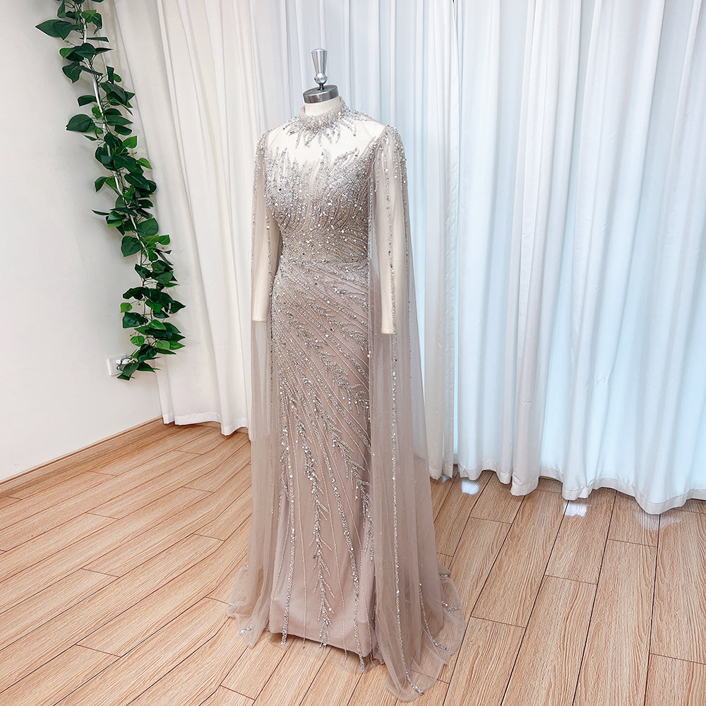 Luxury Dubai Champagne Rhinestone Mermaid Evening Dress High Neck Tulle Cape Sleeve Formal Gown For Wedding Banquet EV1166