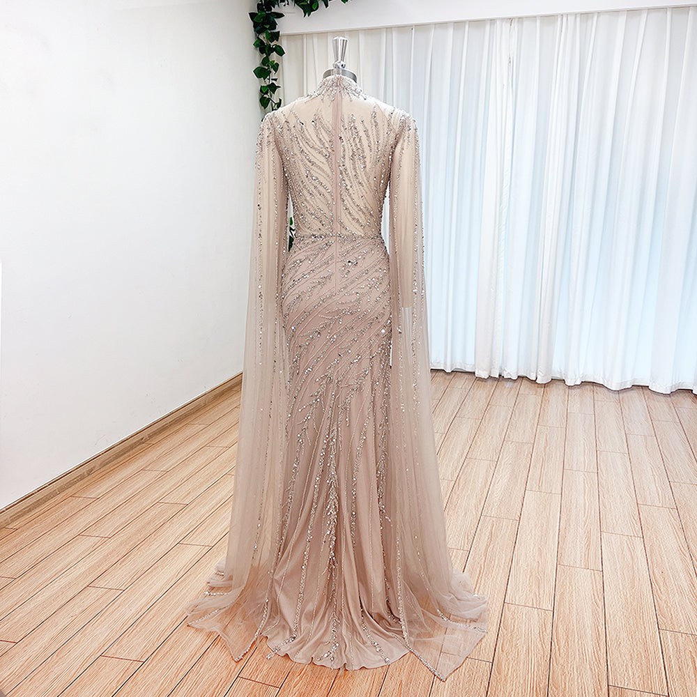 Luxury Dubai Champagne Rhinestone Mermaid Evening Dress High Neck Tulle Cape Sleeve Formal Gown For Wedding Banquet EV1166