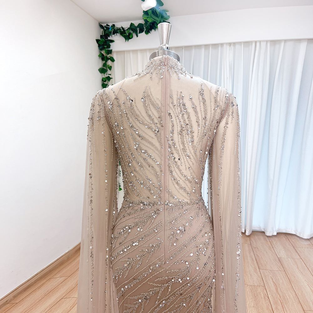 Luxury Dubai Champagne Rhinestone Mermaid Evening Dress High Neck Tulle Cape Sleeve Formal Gown For Wedding Banquet EV1166
