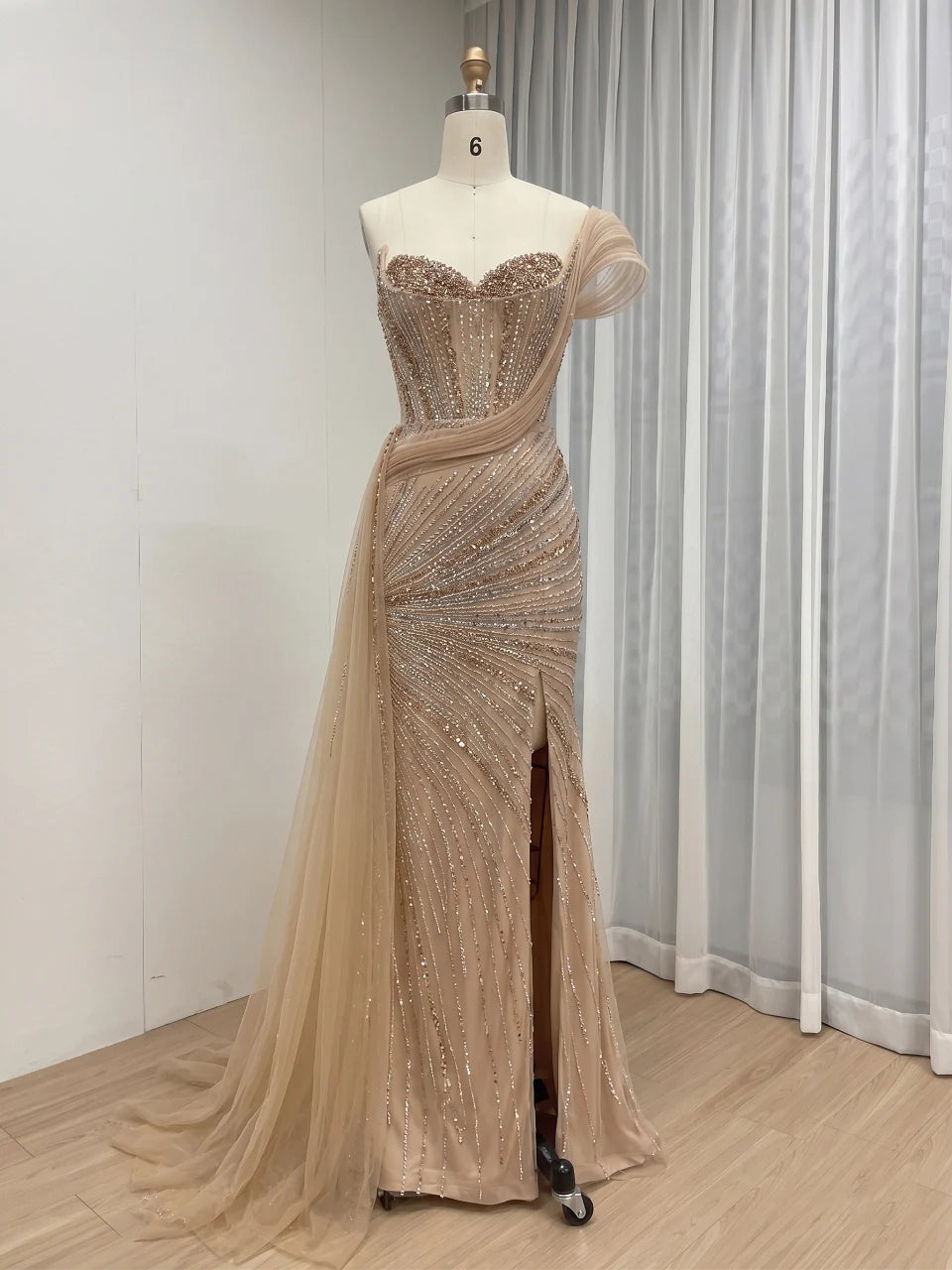 Luxury Dusty Blue Beaded Mermaid Evening Gown One Shoulder Tulle Overskirt Formal Prom Dress EV1727