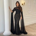 Luxury Dubai Champagne Rhinestone Mermaid Evening Dress High Neck Tulle Cape Sleeve Formal Gown For Wedding Banquet EV1166
