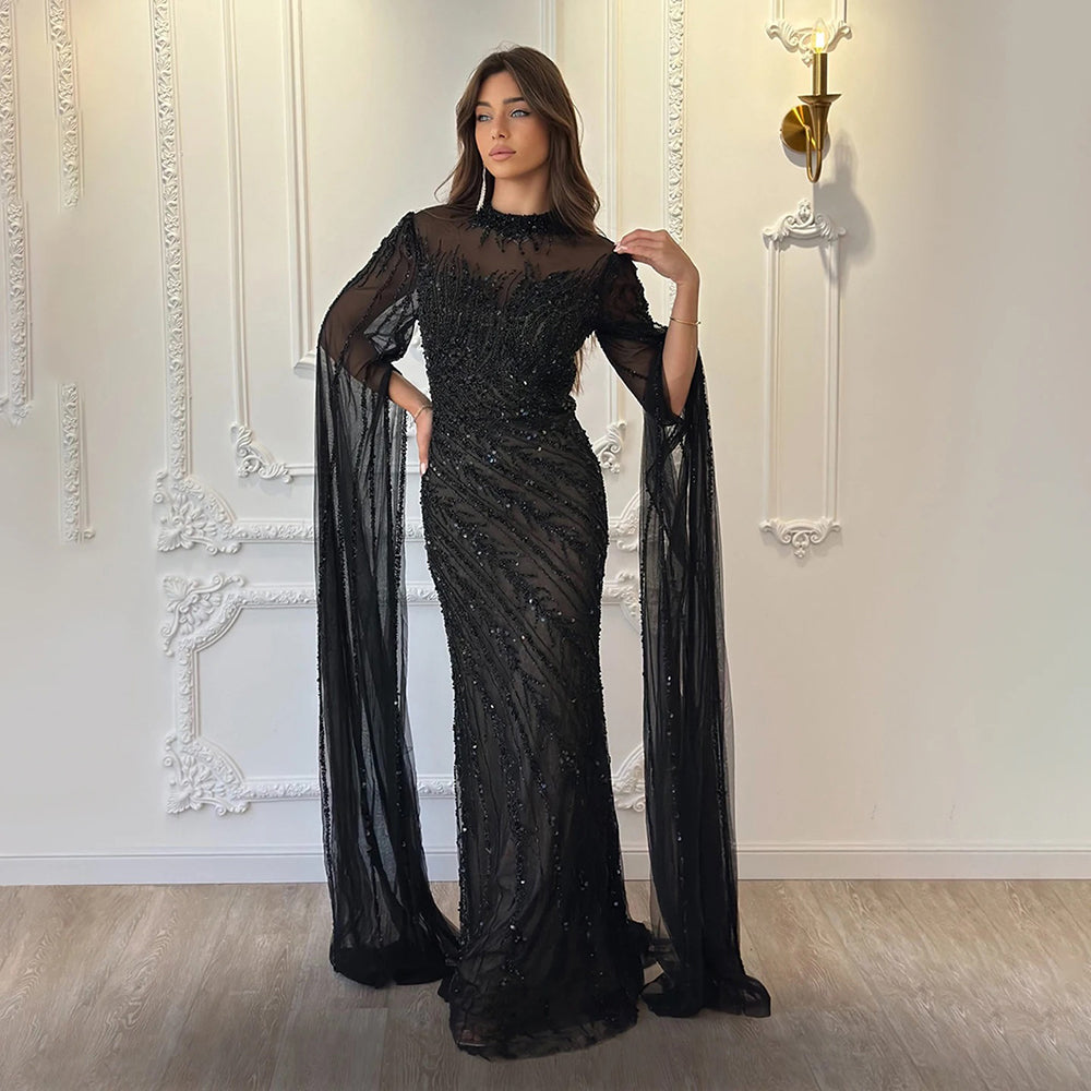 Luxury Dubai Champagne Rhinestone Mermaid Evening Dress High Neck Tulle Cape Sleeve Formal Gown For Wedding Banquet EV1166
