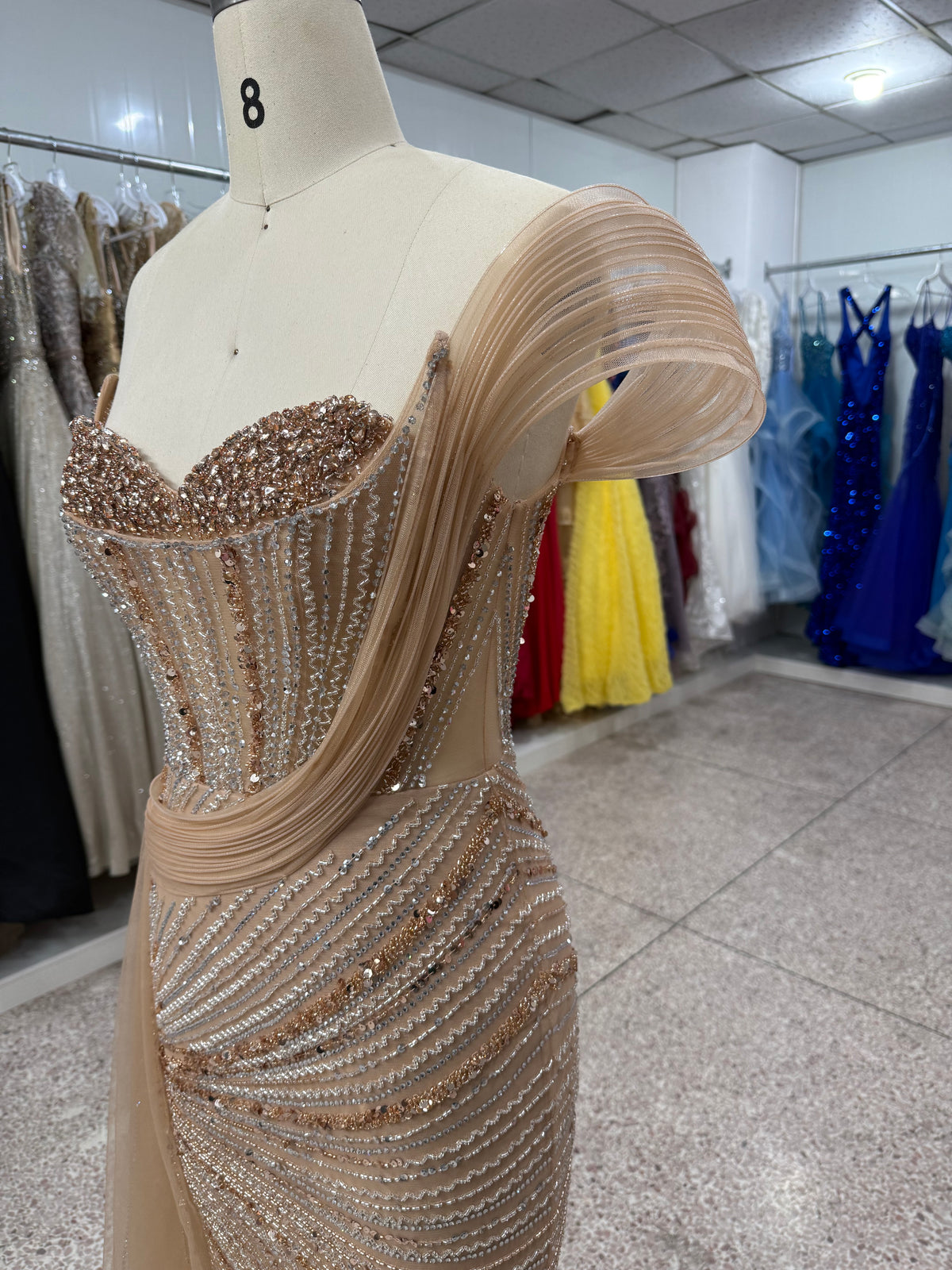 Luxury Dusty Blue Beaded Mermaid Evening Gown One Shoulder Tulle Overskirt Formal Prom Dress EV1727