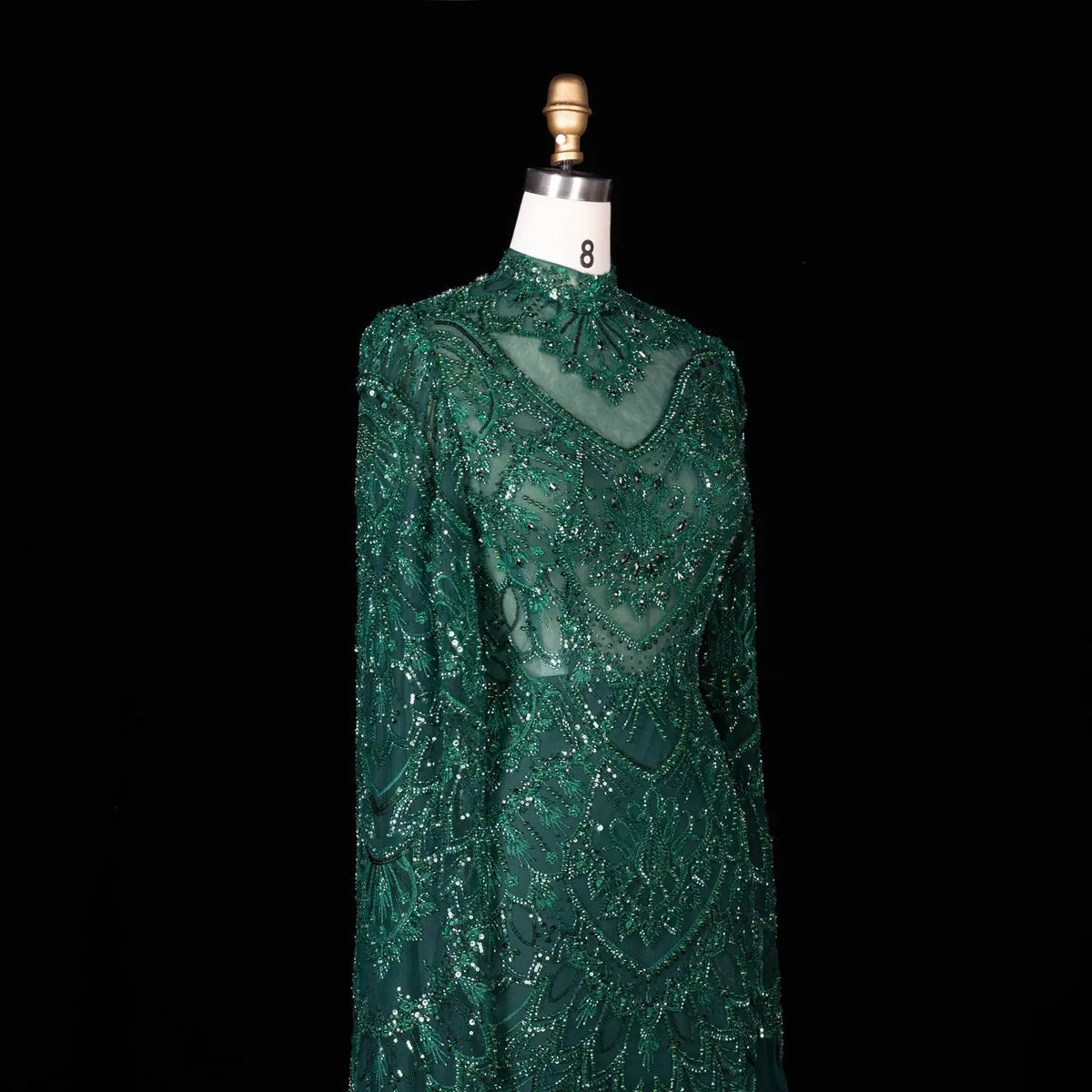 Alinovia Emerald Green Mermaid Evening Gown, Hand Sequined Beaded High Neck Cape Sleeve Formal Dress for Muslim Wedding EV1817