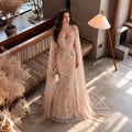 Luxury Modest Champagne Mermaid Evening Gown Beaded Formal Dress With Cape Sleeves For Muslim Wedding EV1816