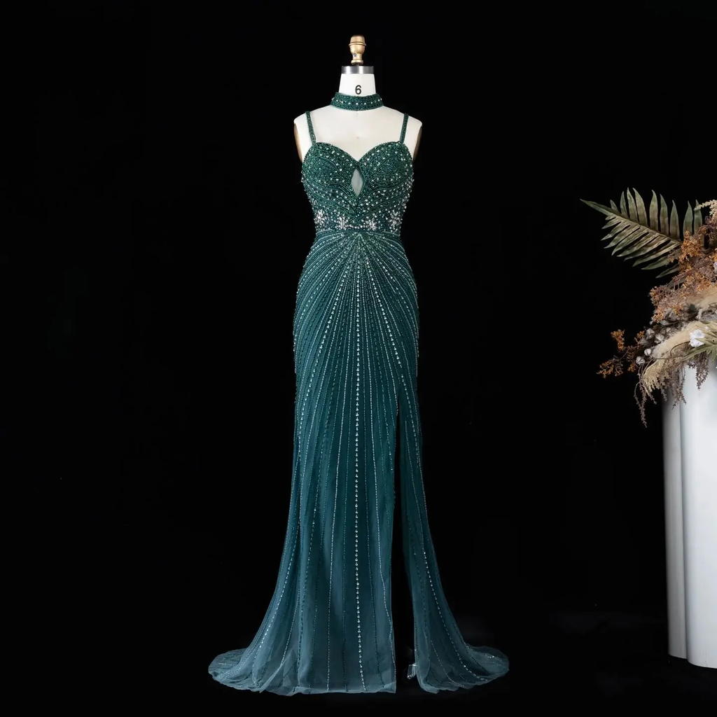 Alinovia Mermaid Evening Gown Beaded Handmade Spaghetti Strap Formal Dress With Side Slit for Prom & Gala EV1819