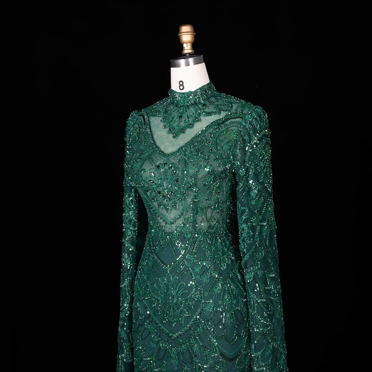 Alinovia Emerald Green Mermaid Evening Gown, Hand Sequined Beaded High Neck Cape Sleeve Formal Dress for Muslim Wedding EV1817