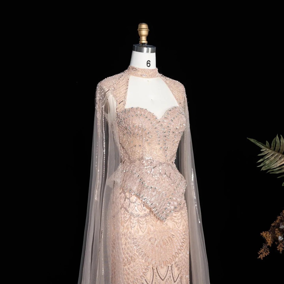 Luxury Modest Champagne Mermaid Evening Gown Beaded Formal Dress With Cape Sleeves For Muslim Wedding EV1816