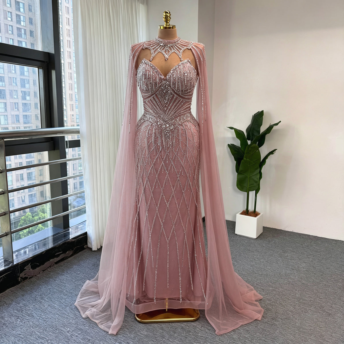 Luxury Rhinestone Mermaid Evening Dress Champagne High Neck Formal Gown With Sheer Tulle Cape For Arabic Wedding